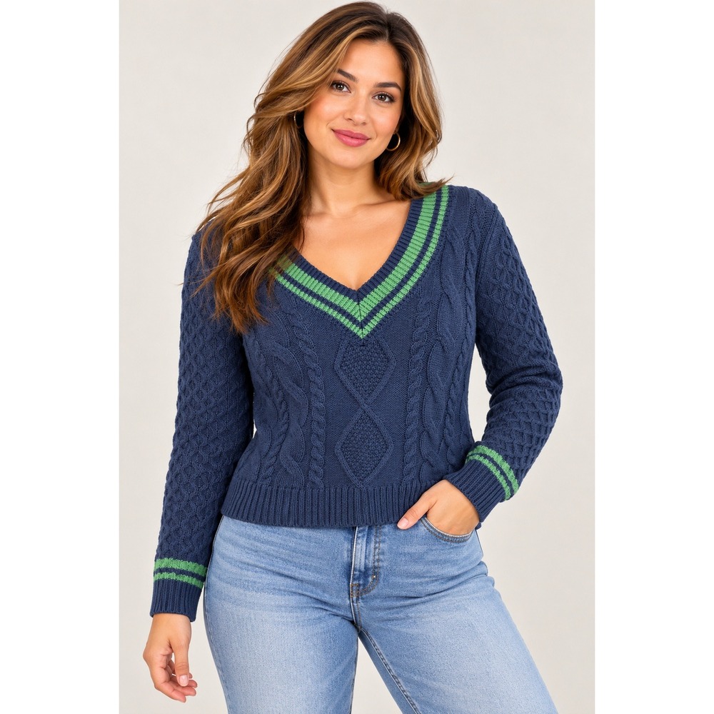 Monteau Sweater Navy Blue Cable Knit Preppy Collegiate Academic Medium Casual